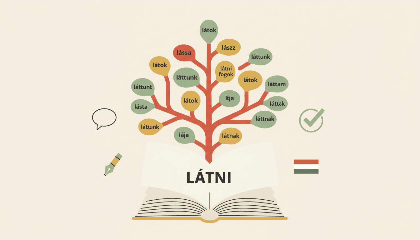 Flat vector ilustracija madjarskih glagola - konjugacija sa recju latni, otvoren knjiga sa granama glagolskih oblika
